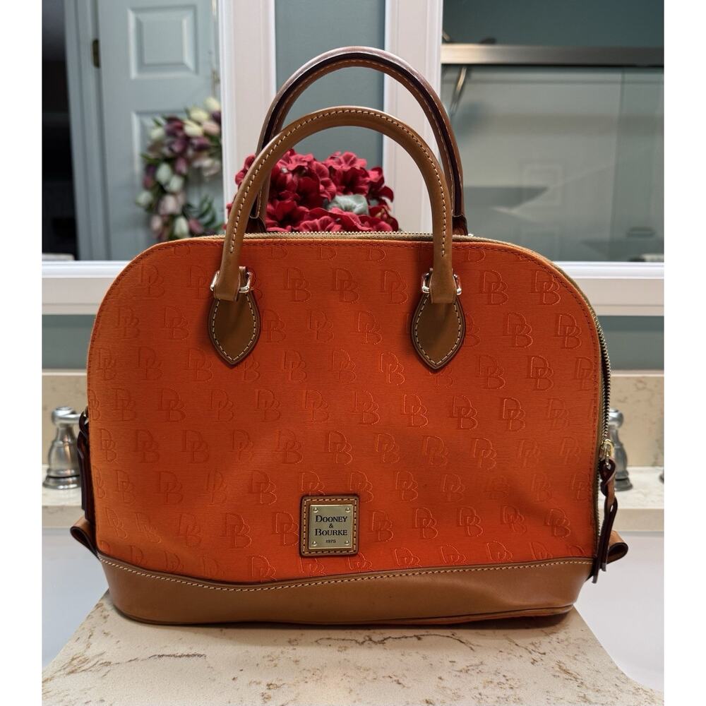 Dooney Bourke Signature Fabric Domed Satchel Orange Double Handle Shoulder Strap